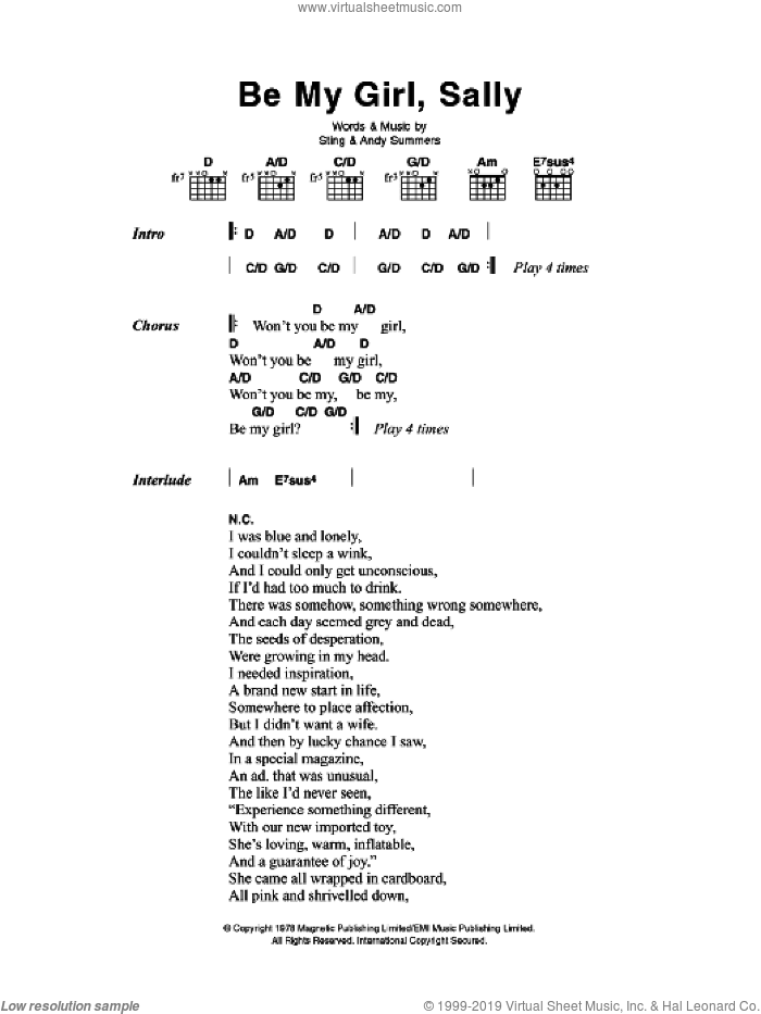 Be My Girl, Sally sheet music for guitar (chords) by The Police, Andy Summers and Sting, intermediate skill level