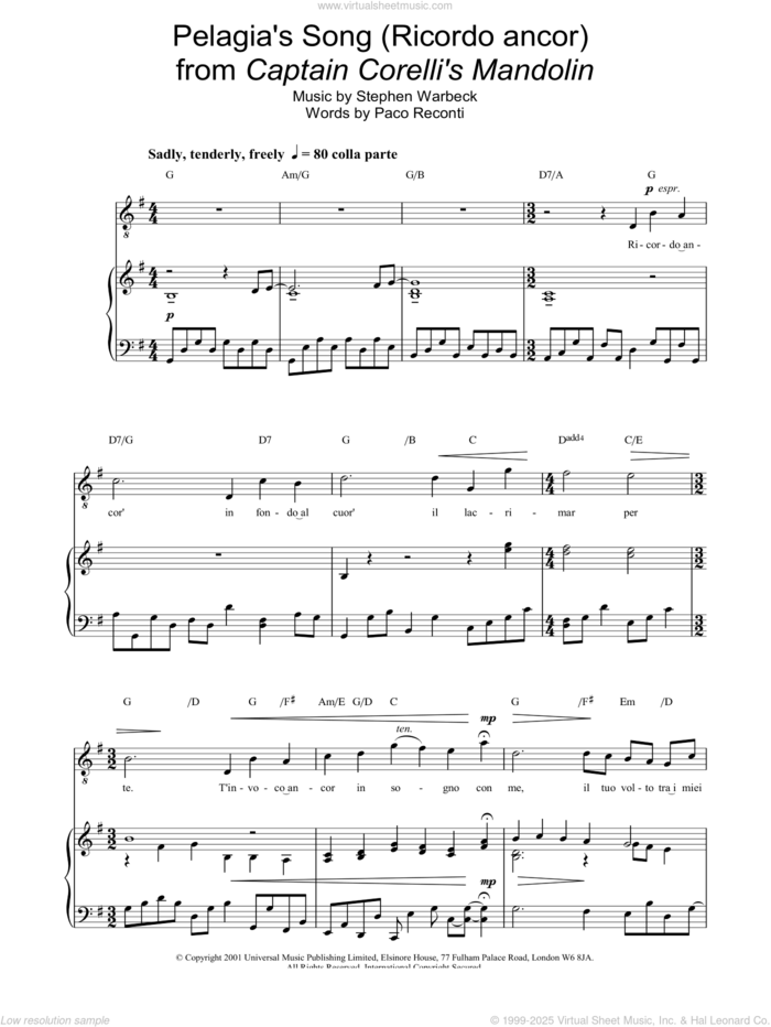 Pelagia's Song (Ricordo ancor)  from Captain Corelli's Mandolin sheet music for voice, piano or guitar by Russell Watson, classical score, intermediate skill level