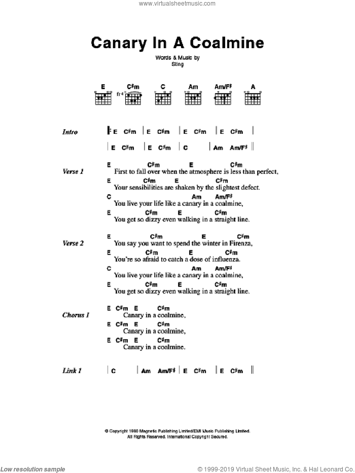 Canary In A Coalmine sheet music for guitar (chords) by The Police and Sting, intermediate skill level