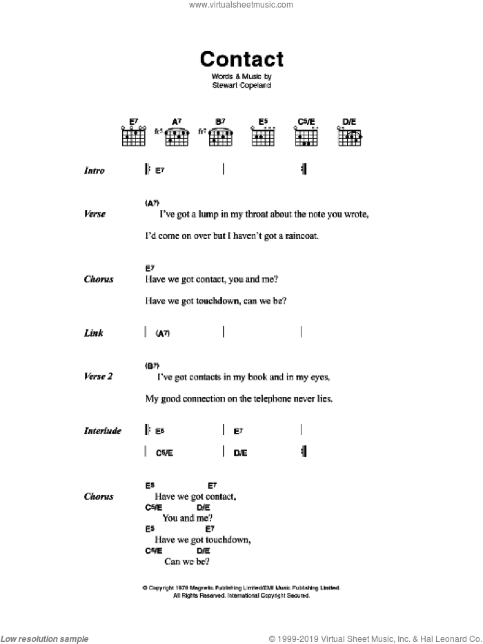 Contact sheet music for guitar (chords) by The Police and Stewart Copeland, intermediate skill level