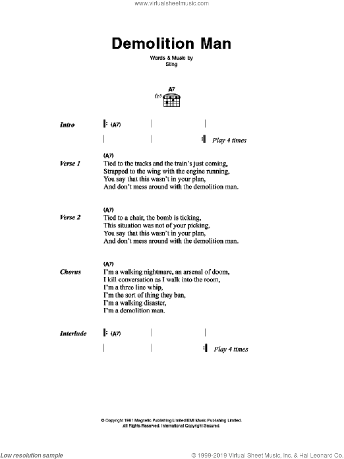 Demolition Man sheet music for guitar (chords) by The Police and Sting, intermediate skill level
