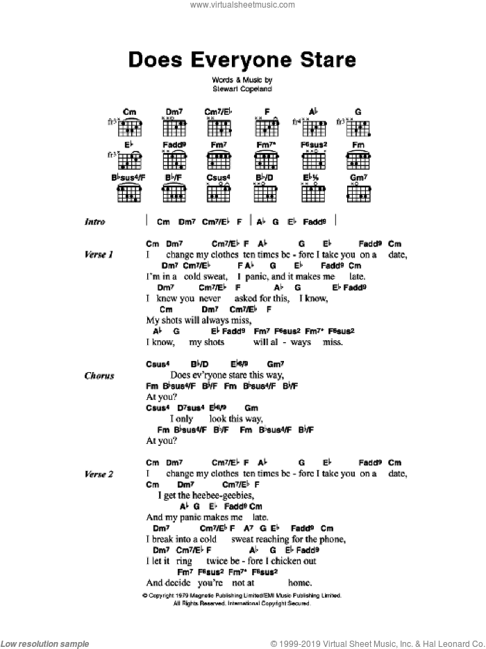 Does Everyone Stare sheet music for guitar (chords) by The Police and Stewart Copeland, intermediate skill level