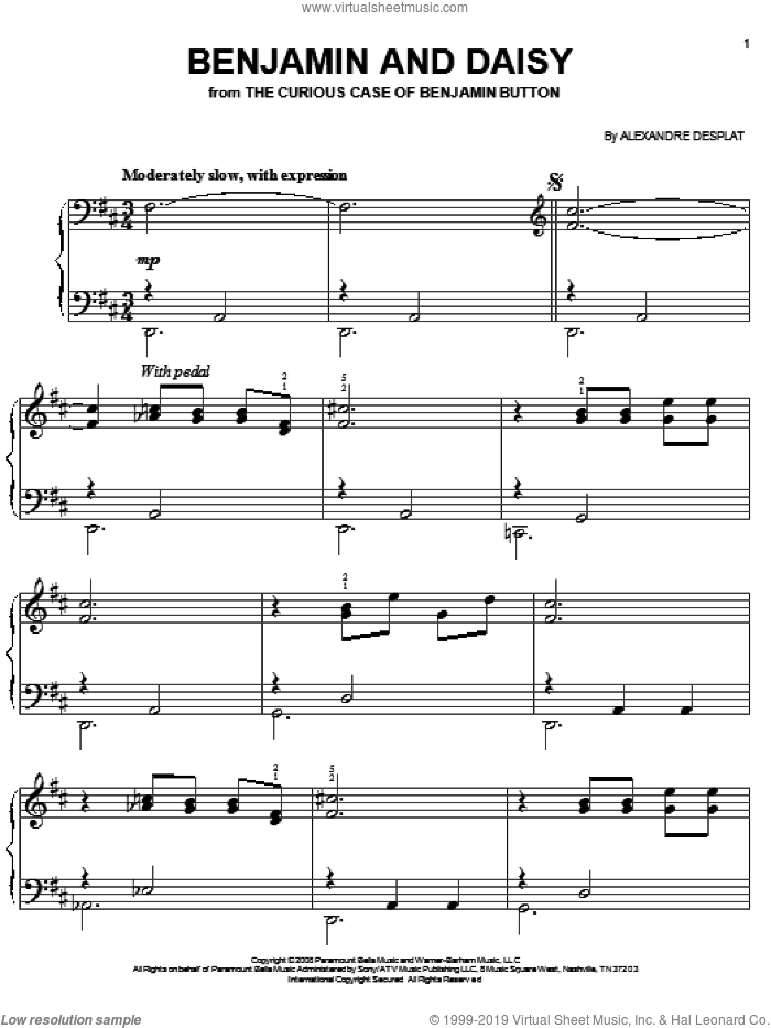 Benjamin And Daisy, (easy) sheet music for piano solo by Alexandre Desplat and The Curious Case Of Benjamin Button (Movie), easy skill level