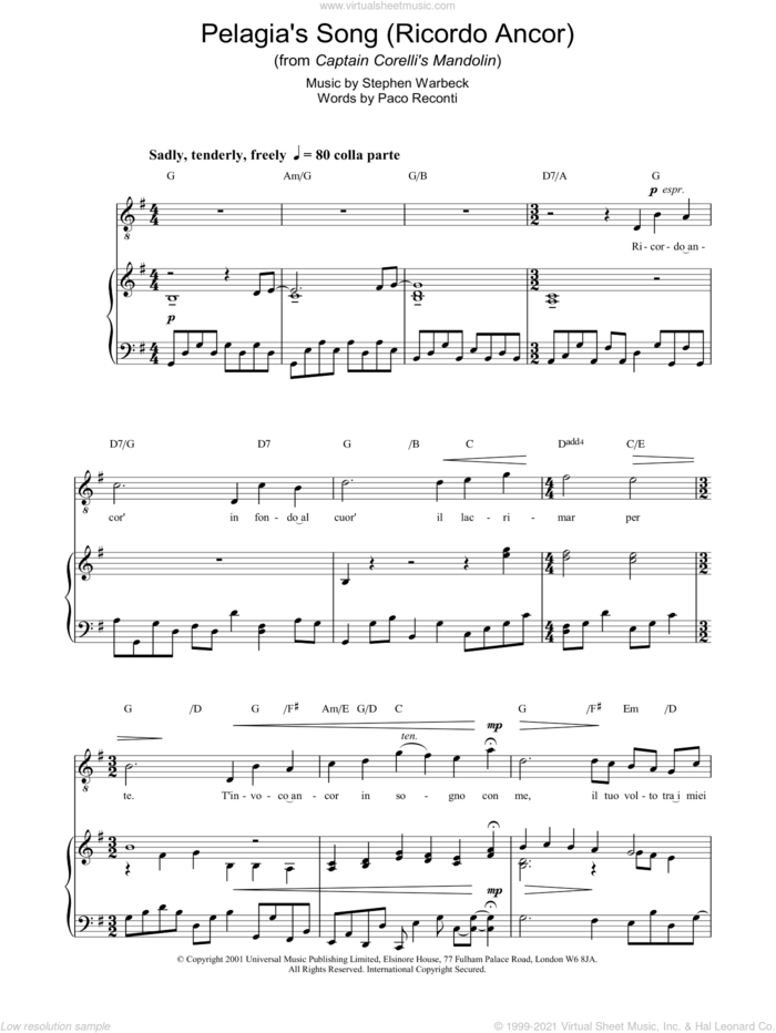 Pelagia's Song sheet music for voice, piano or guitar by Stephen Warbeck, intermediate skill level