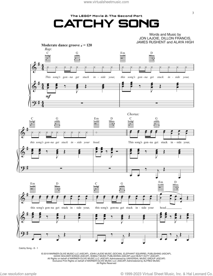 Catchy Song (from The Lego Movie 2) (feat. T-Pain and That Girl Lay Lay) sheet music for voice, piano or guitar by Dillon Francis, T-Pain, That Girl Lay Lay, Alaya High, James Rushent and Jon Lajoie, intermediate skill level