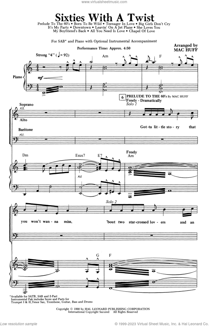 Sixties With A Twist (Medley) sheet music for choir (SAB: soprano, alto, bass) by Mac Huff, intermediate skill level