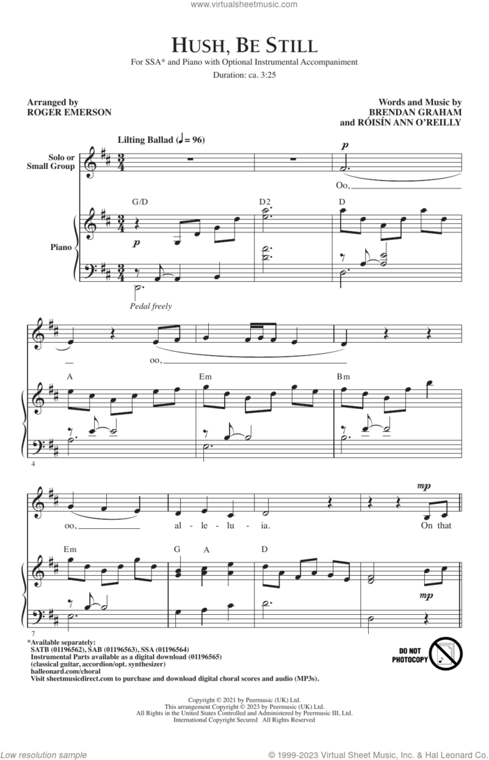 Hush, Be Still (arr. Roger Emerson) sheet music for choir (SSA: soprano, alto) by Brendan Graham and Róisín Ann O'Reilly, Roger Emerson and Brendan Graham, intermediate skill level