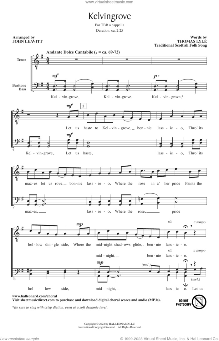 Kelvingrove (arr. John Leavitt) sheet music for choir (TBB: tenor, bass) by Traditional Scottish Folk Song, John Leavitt and Thomas Lyle, intermediate skill level