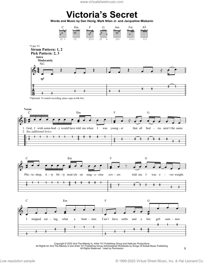 Victoria's Secret sheet music for guitar solo (easy tablature) by Jax, Dan Henig, Jacqueline Miskanic and Mark Nilan Jr., easy guitar (easy tablature)