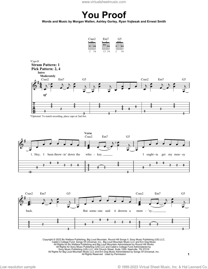 You Proof sheet music for guitar solo (easy tablature) by Morgan Wallen, Ashley Gorley, Ernest Smith, Jesse Frasure, Ryan Vojtesak, Shane McAnally and Thomas Rhett, easy guitar (easy tablature)