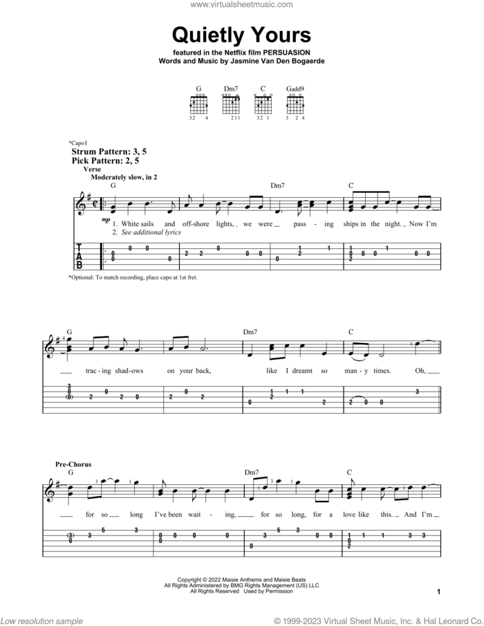 Quietly Yours (from Persuasion) sheet music for guitar solo (easy tablature) by Birdy and Jasmine Van den Bogaerde, easy guitar (easy tablature)
