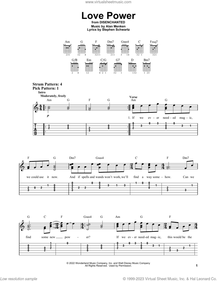 Love Power (from Disenchanted) sheet music for guitar solo (easy tablature) by Idina Menzel, Alan Menken and Stephen Schwartz, easy guitar (easy tablature)