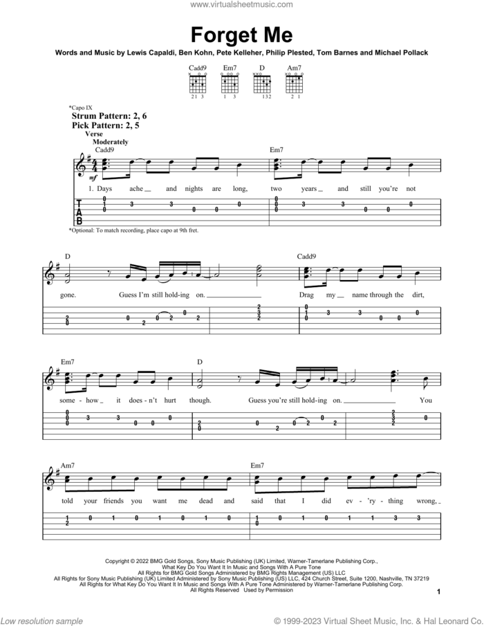 Forget Me sheet music for guitar solo (easy tablature) by Lewis Capaldi, Ben Kohn, Michael Pollack, Pete Kelleher, Philip Plested and Tom Barnes, easy guitar (easy tablature)