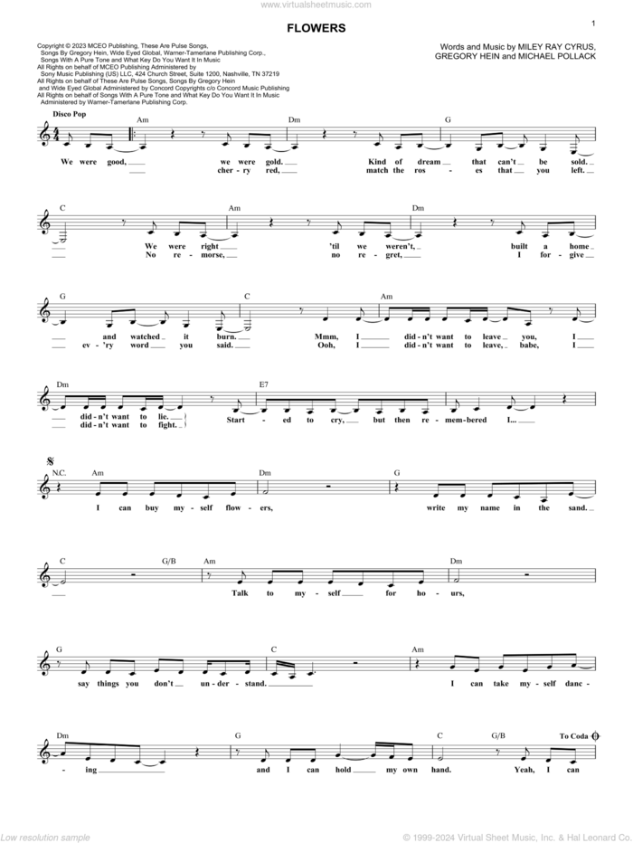 Flowers sheet music for voice and other instruments (fake book) by Miley Cyrus, Gregory Hein, Michael Pollack and Miley Ray Cyrus, intermediate skill level
