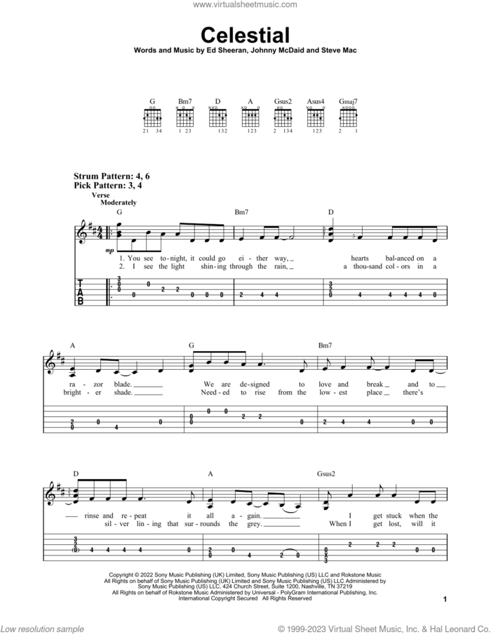 Celestial sheet music for guitar solo (easy tablature) by Ed Sheeran, Johnny McDaid and Steve Mac, easy guitar (easy tablature)