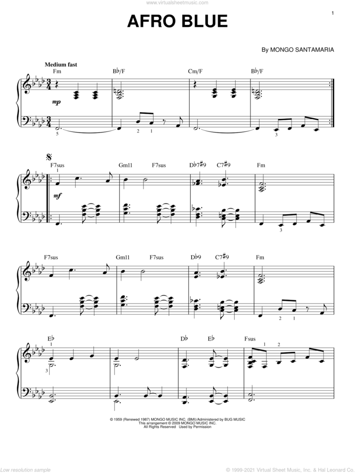 Afro Blue sheet music for piano solo by John Coltrane and Mongo Santamaria, intermediate skill level