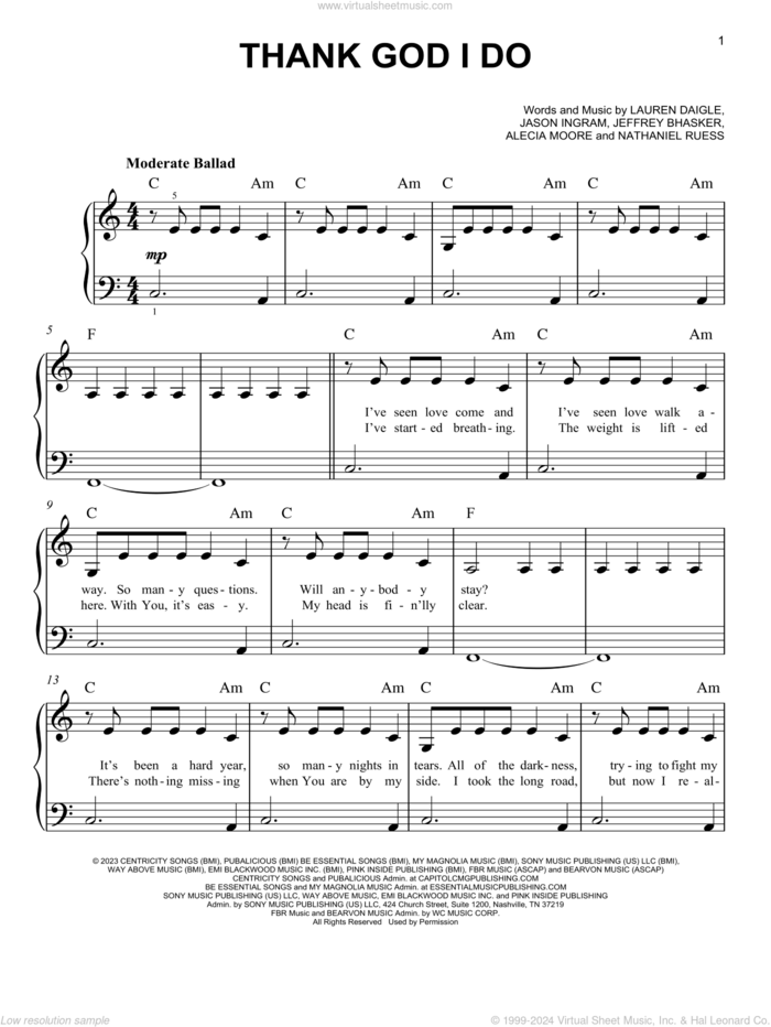 Thank God I Do, (easy) sheet music for piano solo by Lauren Daigle, Alecia Moore, Jason Ingram, Jeffrey Bhasker and Nathaniel Ruess, easy skill level