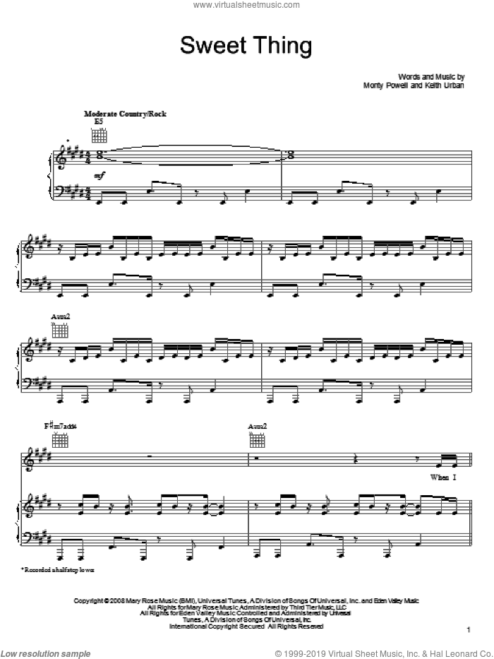Sweet Thing sheet music for voice, piano or guitar by Keith Urban and Monty Powell, intermediate skill level