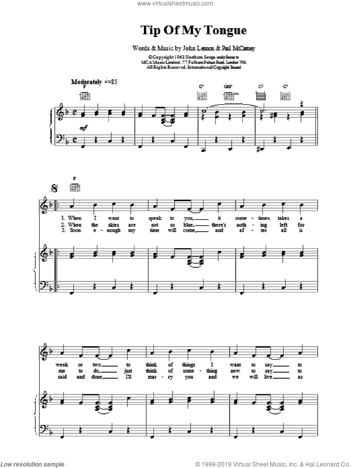 Tip Of My Tongue sheet music for voice, piano or guitar by Tommy Quickly, The Beatles, John Lennon and Paul McCartney, intermediate skill level