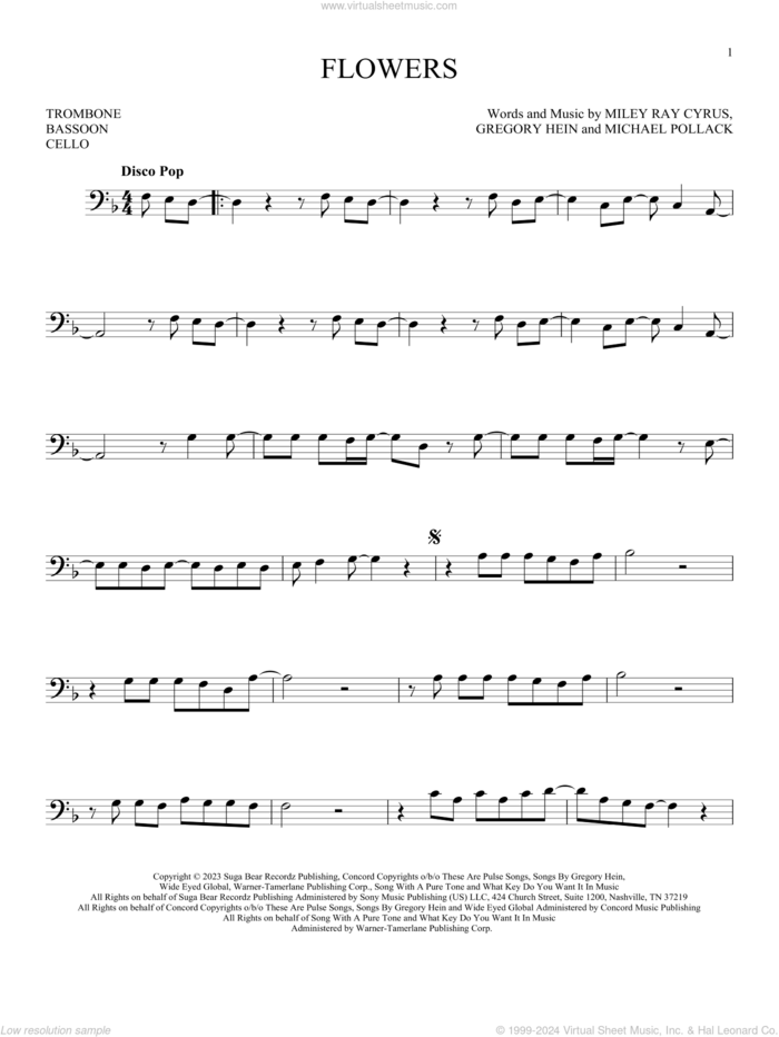 Flowers sheet music for Solo Instrument (bass clef) by Miley Cyrus, Gregory Hein, Michael Pollack and Miley Ray Cyrus, intermediate skill level