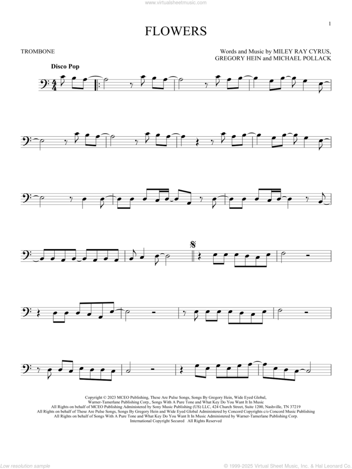 Flowers sheet music for Solo Instrument (bass clef) by Miley Cyrus, Gregory Hein, Michael Pollack and Miley Ray Cyrus, intermediate skill level
