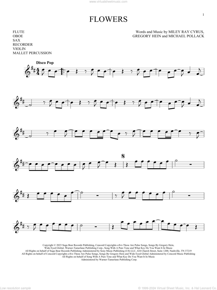 Flowers sheet music for Solo Instrument (treble clef high) by Miley Cyrus, Gregory Hein, Michael Pollack and Miley Ray Cyrus, intermediate skill level