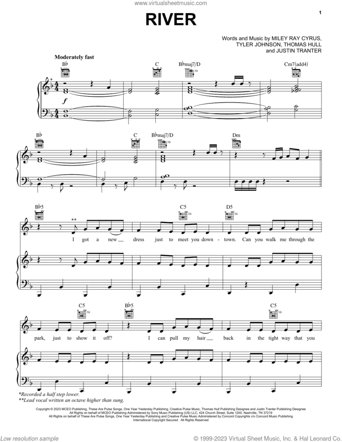 River sheet music for voice, piano or guitar by Miley Cyrus, Justin Tranter, Miley Ray Cyrus, Tom Hull and Tyler Johnson, intermediate skill level