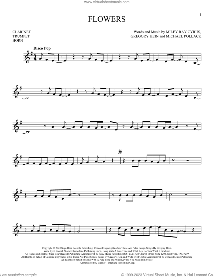 Flowers sheet music for Solo Instrument (treble clef low) by Miley Cyrus, Gregory Hein, Michael Pollack and Miley Ray Cyrus, intermediate skill level