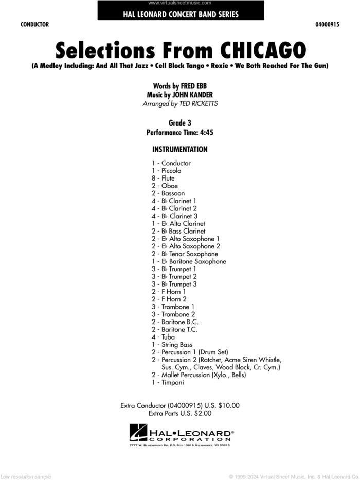 Selections from Chicago (arr. Ted Ricketts) sheet music for concert band (full score) by John Kander, Ted Ricketts, Fred Ebb and Kander & Ebb, intermediate skill level