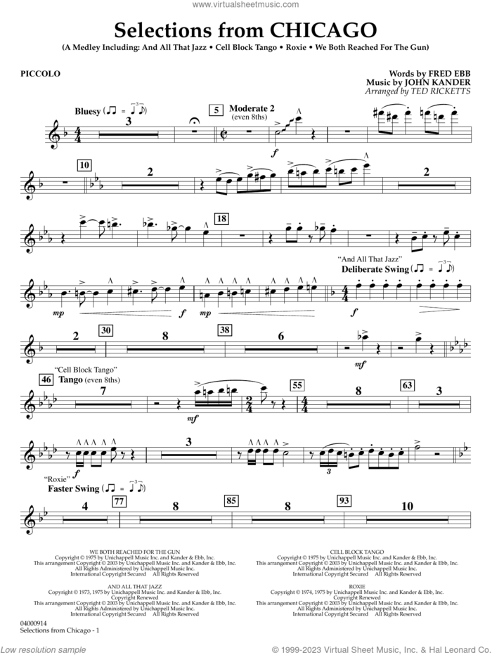 Selections from Chicago (arr. Ted Ricketts) sheet music for concert band (piccolo) by John Kander, Ted Ricketts, Fred Ebb and Kander & Ebb, intermediate skill level