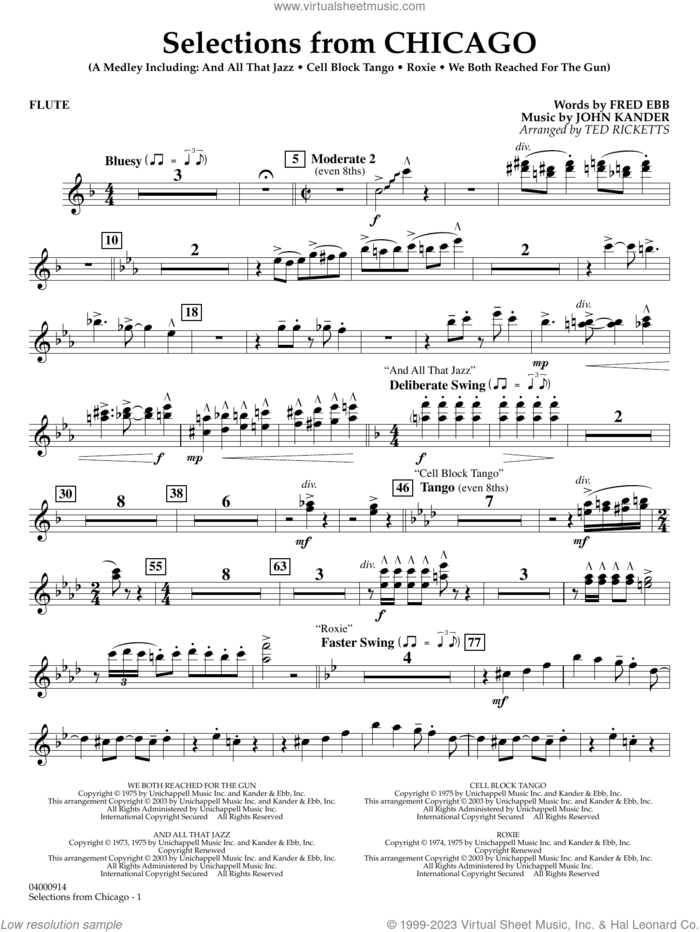Selections from Chicago (arr. Ted Ricketts) sheet music for concert band (flute) by John Kander, Ted Ricketts, Fred Ebb and Kander & Ebb, intermediate skill level