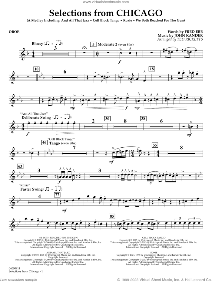 Selections from Chicago (arr. Ted Ricketts) sheet music for concert band (oboe) by John Kander, Ted Ricketts, Fred Ebb and Kander & Ebb, intermediate skill level