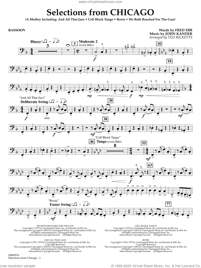 Selections from Chicago (arr. Ted Ricketts) sheet music for concert band (bassoon) by John Kander, Ted Ricketts, Fred Ebb and Kander & Ebb, intermediate skill level
