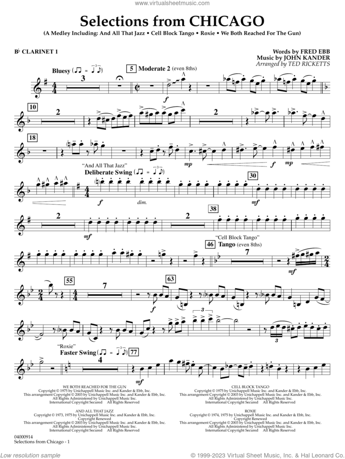 Selections from Chicago (arr. Ted Ricketts) sheet music for concert band (Bb clarinet 1) by John Kander, Ted Ricketts, Fred Ebb and Kander & Ebb, intermediate skill level