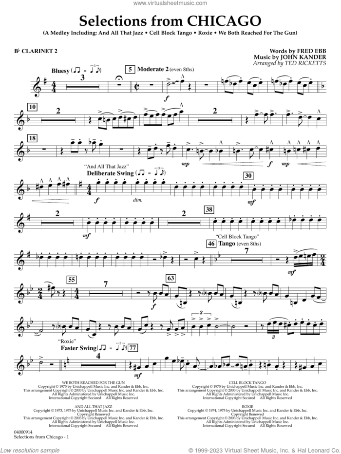 Selections from Chicago (arr. Ted Ricketts) sheet music for concert band (Bb clarinet 2) by John Kander, Ted Ricketts, Fred Ebb and Kander & Ebb, intermediate skill level