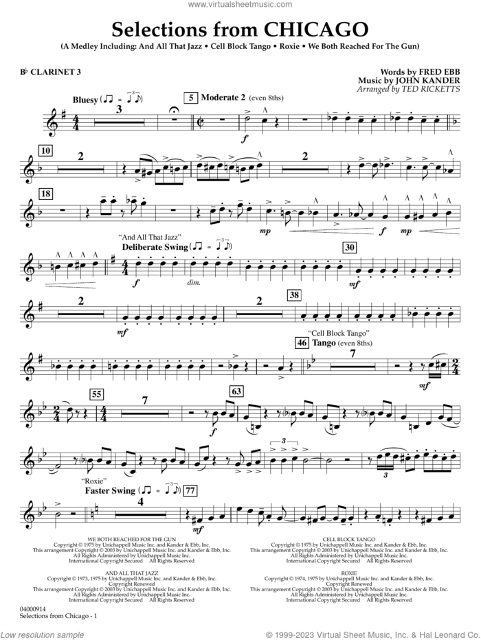 Selections from Chicago (arr. Ted Ricketts) sheet music for concert band (Bb clarinet 3) by John Kander, Ted Ricketts, Fred Ebb and Kander & Ebb, intermediate skill level