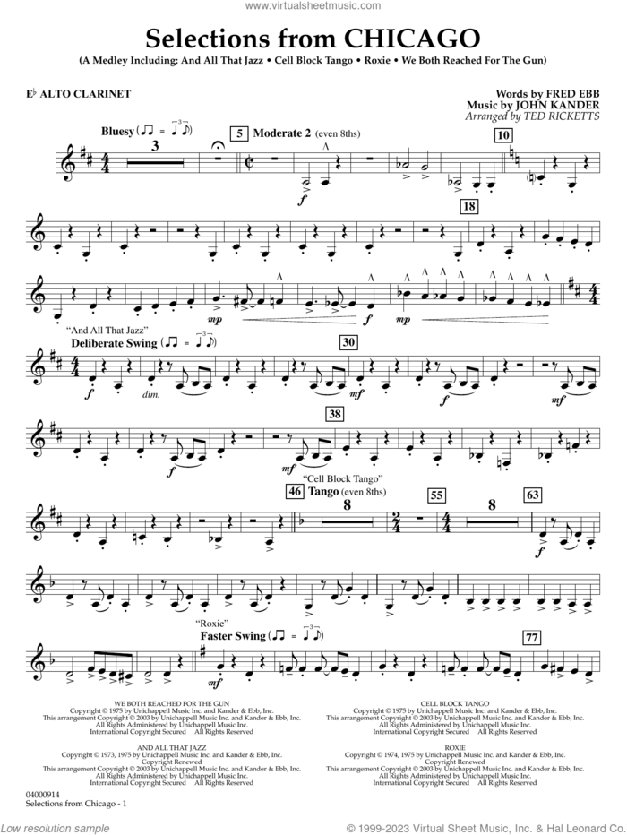 Selections from Chicago (arr. Ted Ricketts) sheet music for concert band (Eb alto clarinet) by John Kander, Ted Ricketts, Fred Ebb and Kander & Ebb, intermediate skill level