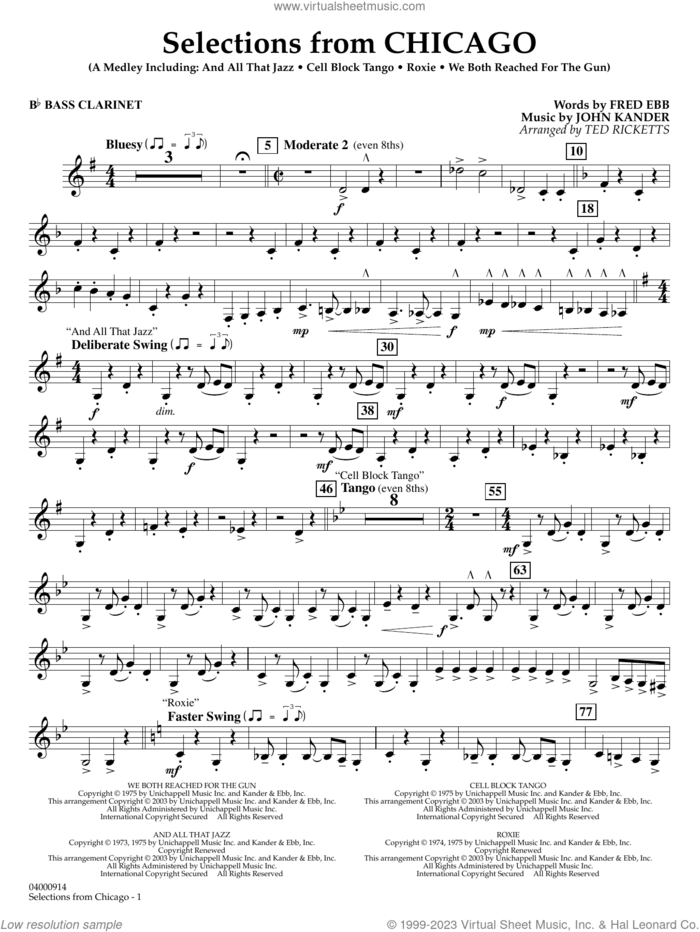 Selections from Chicago (arr. Ted Ricketts) sheet music for concert band (Bb bass clarinet) by John Kander, Ted Ricketts, Fred Ebb and Kander & Ebb, intermediate skill level