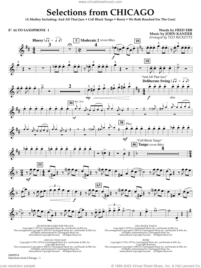 Selections from Chicago (arr. Ted Ricketts) sheet music for concert band (Eb alto saxophone 1) by John Kander, Ted Ricketts, Fred Ebb and Kander & Ebb, intermediate skill level
