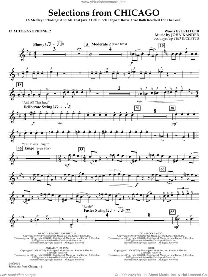 Selections from Chicago (arr. Ted Ricketts) sheet music for concert band (Eb alto saxophone 2) by John Kander, Ted Ricketts, Fred Ebb and Kander & Ebb, intermediate skill level