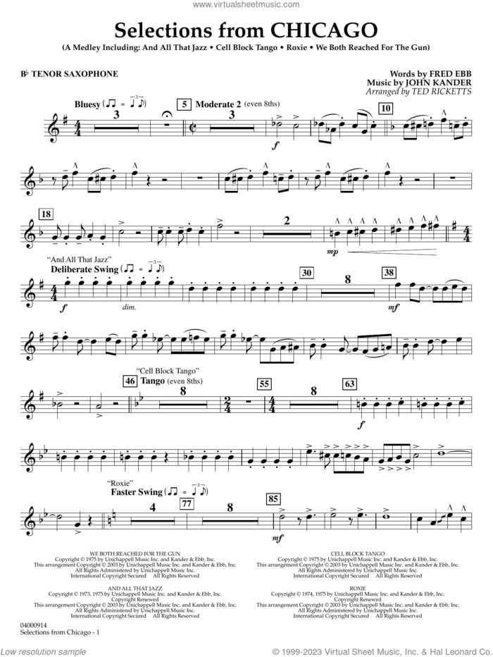 Selections from Chicago (arr. Ted Ricketts) sheet music for concert band (Bb tenor saxophone) by John Kander, Ted Ricketts, Fred Ebb and Kander & Ebb, intermediate skill level