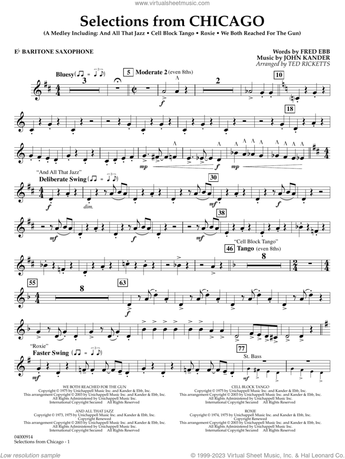 Selections from Chicago (arr. Ted Ricketts) sheet music for concert band (Eb baritone saxophone) by John Kander, Ted Ricketts, Fred Ebb and Kander & Ebb, intermediate skill level
