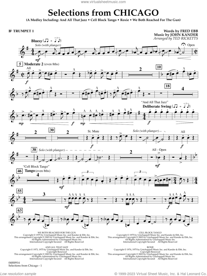 Selections from Chicago (arr. Ted Ricketts) sheet music for concert band (Bb trumpet 1) by John Kander, Ted Ricketts, Fred Ebb and Kander & Ebb, intermediate skill level