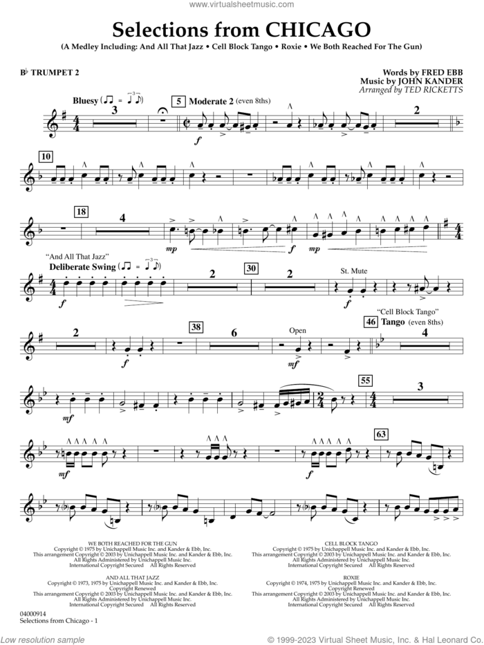 Selections from Chicago (arr. Ted Ricketts) sheet music for concert band (Bb trumpet 2) by John Kander, Ted Ricketts, Fred Ebb and Kander & Ebb, intermediate skill level
