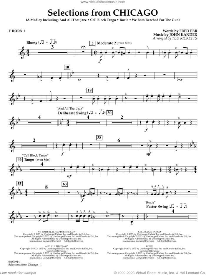Selections from Chicago (arr. Ted Ricketts) sheet music for concert band (f horn 1) by John Kander, Ted Ricketts, Fred Ebb and Kander & Ebb, intermediate skill level