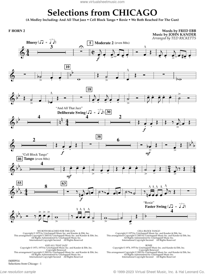 Selections from Chicago (arr. Ted Ricketts) sheet music for concert band (f horn 2) by John Kander, Ted Ricketts, Fred Ebb and Kander & Ebb, intermediate skill level