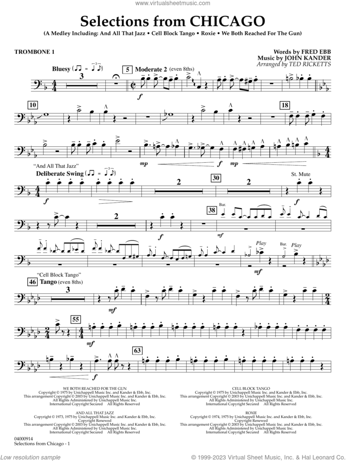 Selections from Chicago (arr. Ted Ricketts) sheet music for concert band (trombone 1) by John Kander, Ted Ricketts, Fred Ebb and Kander & Ebb, intermediate skill level