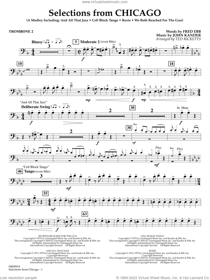 Selections from Chicago (arr. Ted Ricketts) sheet music for concert band (trombone 2) by John Kander, Ted Ricketts, Fred Ebb and Kander & Ebb, intermediate skill level