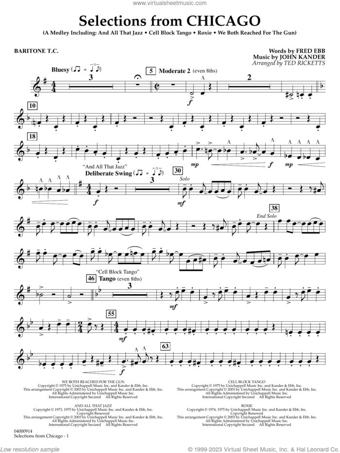 Selections from Chicago (arr. Ted Ricketts) sheet music for concert band (baritone t.c.) by John Kander, Ted Ricketts, Fred Ebb and Kander & Ebb, intermediate skill level
