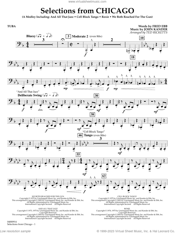Selections from Chicago (arr. Ted Ricketts) sheet music for concert band (tuba) by John Kander, Ted Ricketts, Fred Ebb and Kander & Ebb, intermediate skill level